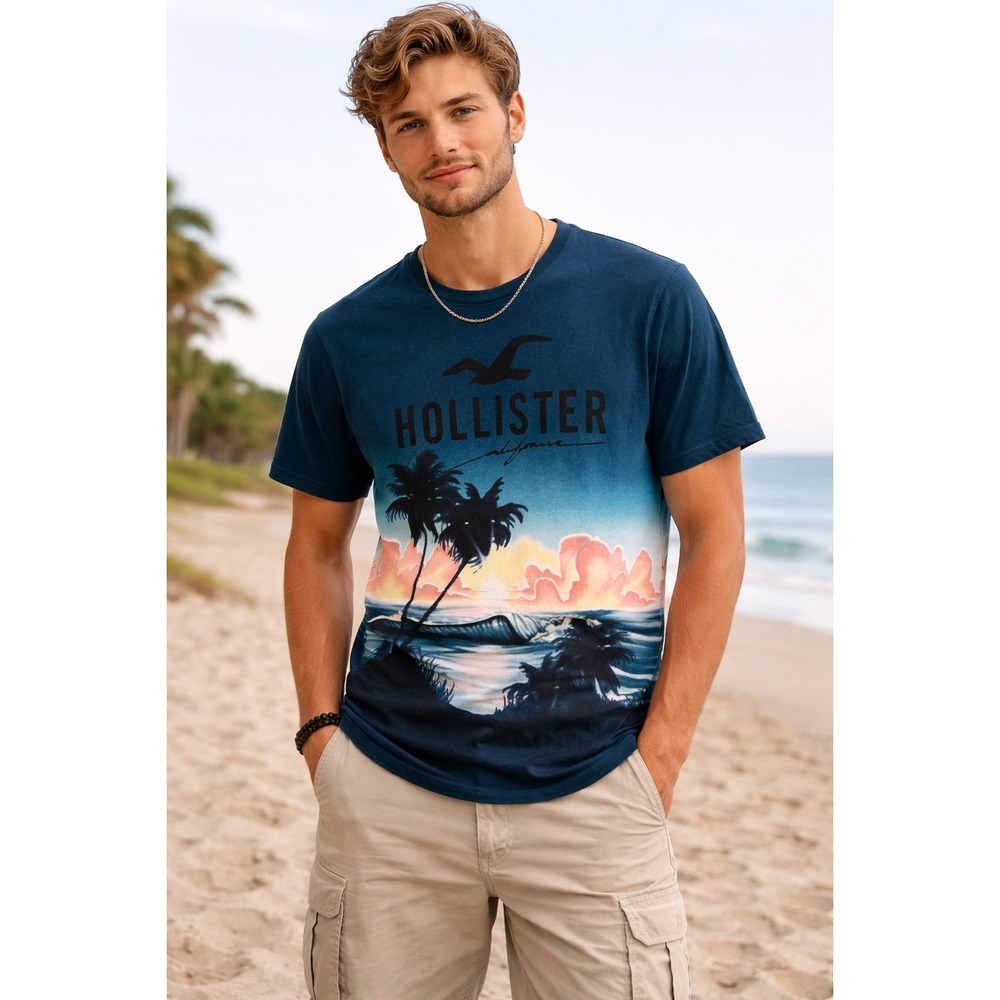 Hollister California Sunset Graphic Tee Y2K Coastal Surf Streetwear Large‎